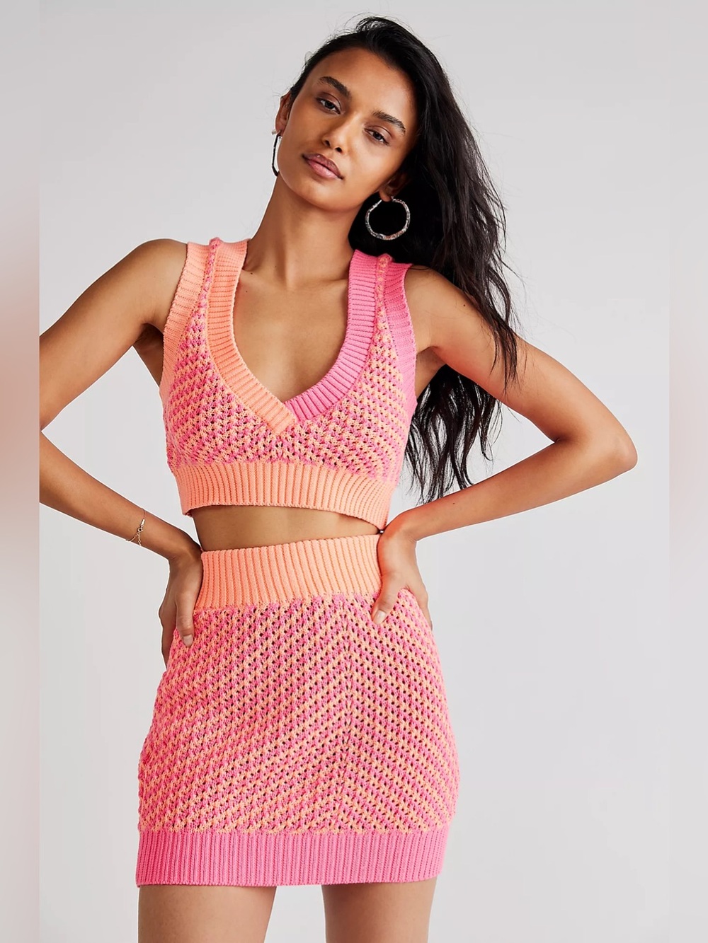For Love & Lemons Jacinda Knit Set crop top and skirt size 2x pink orange